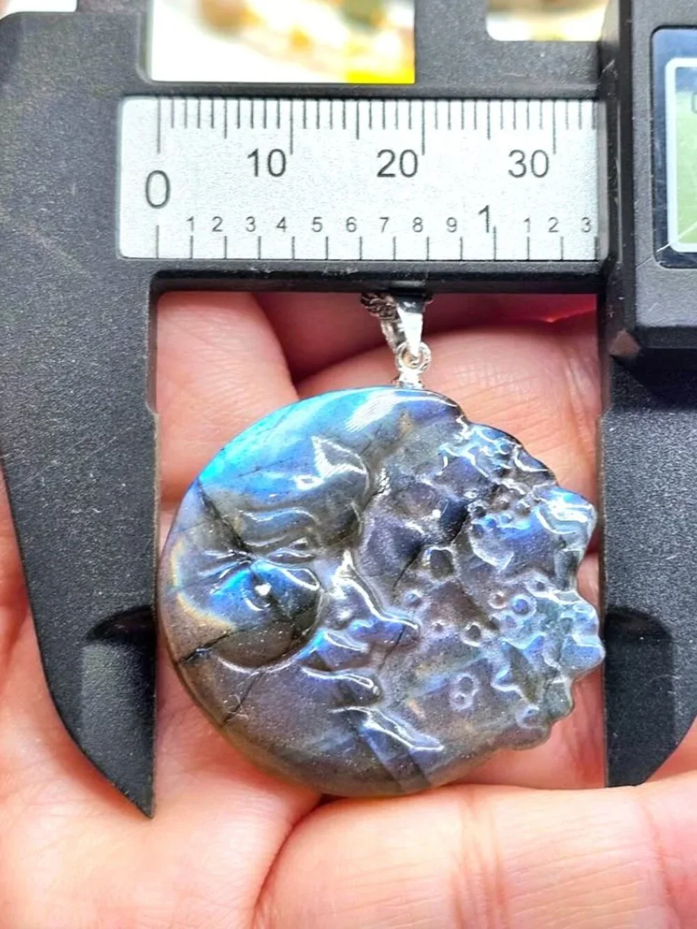 Labradorite Crescent Moon Carved Pendant Flashy Crystal Necklace 1.3 Inch